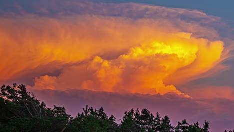 Huge-cumulonimbus-cloud-at-sunset-glows-orange-as-it-dynamically-changes-form---time-lapse