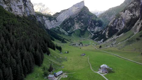 Luftüberführung-Vom-Ufer-Des-Seealpsees-In-Appenzell,-Schweiz-In-Richtung-Wasser-Mit-Einer-Spiegelung-Der-Alpsteingipfel-Auf-Der-Oberfläche-Des-Sees