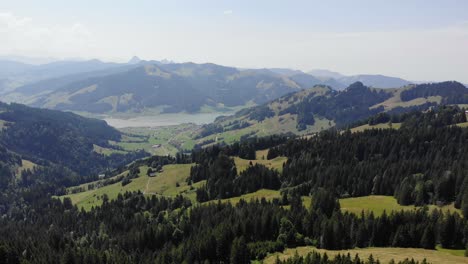 Serene-panorama-on-Sihlsee-lake,-Switzerland-and-surrounding-mountains,-aerial