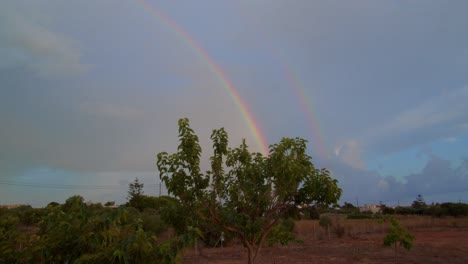 Schöner-Filmischer-Doppelter-Regenbogen-über-Ländlichen-Dorfbäumen