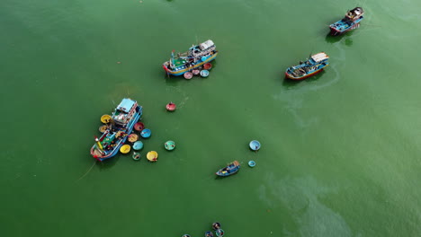 Boats-anchored-in-Mui-Ne,-Vietnam-fishing-harbour,-aerial-top-down