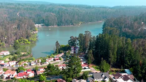 Parallax-effect-rising-over-beautiful-Curauma-lake-Valparaiso-forest-town-day