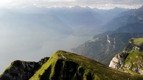 Aerial-flyover-over-the-summit-of-Niederbauen-Chulm-with-Lake-Lucerne,-Uri-and-lakeside-fjords-and-cliffs-in-view-on-a-golden-summer-morning-in-the-Swiss-Alps-1