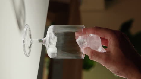 Vertical-Video-hand-putting-ice-cubes-into-beautiful-cocktail-drinking-glass-at-home