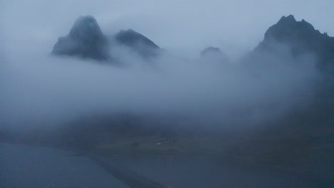 Car-Driving-In-The-Road-On-A-Foggy-Weather-Near-The-Eystrahorn-Mountain-In-East-Iceland