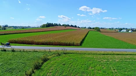 An-Aerial-View-of-Farms,-Silos,-and-Farmlands-That-Soon-will-be-Harvested-With-an-Amish-Horse-and-Buggy-Traveling-Thru-it,-in-Slow-Motion