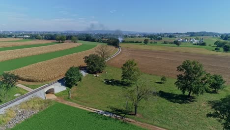 A-Drone-View-of-an-Antique-Steam-Passenger-Train-Coming-Around-a-Curve-in-Slow-Motion-Blowing-Smoke-and-Steam-Traveling-Thru-Fertile-Corn-Fields-on-a-Sunny-Summer-Day