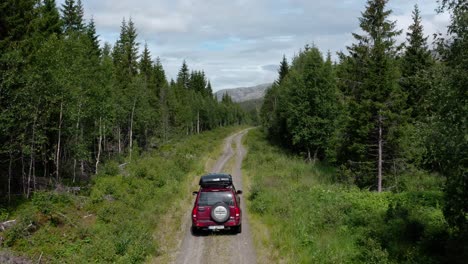 Coche-Todoterreno-Con-Autocaravana-En-La-Azotea-Conduciendo-Por-Un-Camino-De-Tierra-A-Través-De-Densos-árboles-En-Lomsdal-visten,-Noruega