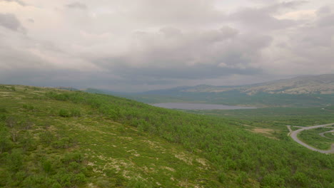 Green-vegetation-on-hill-at-Dovrefjell-national-park-with-dramatic-clouds,-aerial