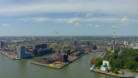Establishing-drone-shot-of-Euromast-and-Schiemond-Rotterdam-Netherlands
