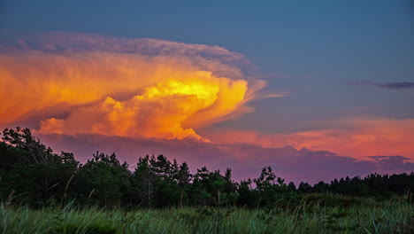Cumulonimbus-cloud-billows-and-changes-colors-at-sunset-over-the-forest-trees---time-lapse