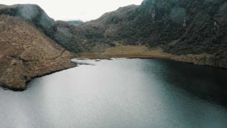Calm-Waters-Of-The-Lake-And-Scenic-Mountains-In-Cayambe-Coca-National-Park-In-Ecuador---drone-shot