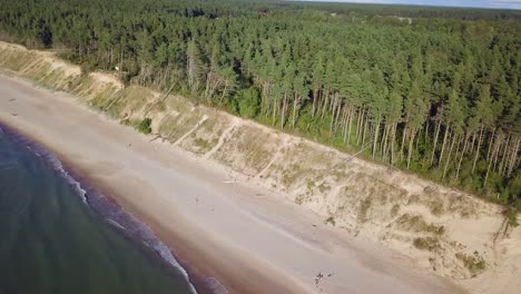 Aerial-birdseye-view-of-Baltic-sea-beach-at-Jurkalne-on-a-sunny-day,-white-sand-cliff-damaged-by-waves,-coastal-erosion,-climate-changes,-wide-angle-drone-shot-moving-forward-high