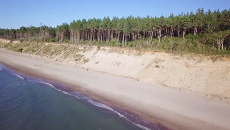 Aerial-view-of-Baltic-sea-beach-at-Jurkalne-on-a-sunny-day,-white-sand-cliff-damaged-by-waves,-coastal-erosion,-climate-changes,-wide-angle-revealing-drone-shot-moving-backward