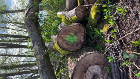 Vertical-green-painted-tribal-hand-print-on-cut-timber-logs-in-woodland-forest-wilderness