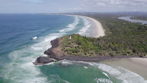 Idyllic-Seascape-And-Fingal-Headland-In-New-South-Wales,-Australia---aerial-drone-shot