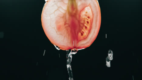 Water-Flowing-Down-Fresh-Tomato-Slice-in-Slow-Motion-with-Liquid-Drip-Backlit-Black-Background