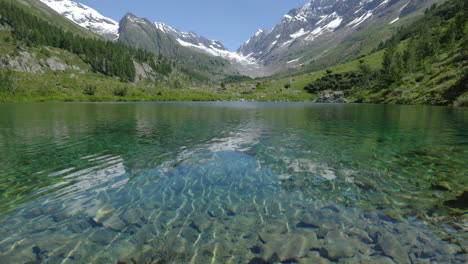 Mountain-lake-with-turquoise-clear-water-in-the-summer-with-snowy-mountains-in-the-background