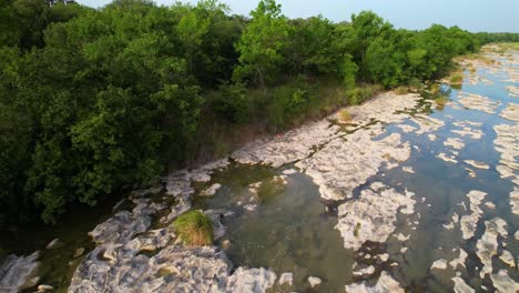 Aerial-footage-of-deer-walking-along-the-Pedernales-River-in-Texas