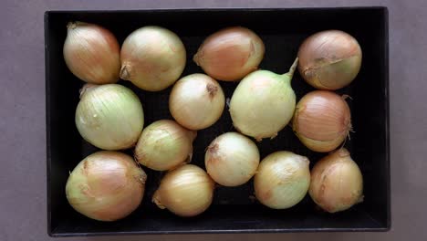 Overhead-Shot-Of-Uncooked-And-Unpeeled-Whole-White-Onions-In-A-Container