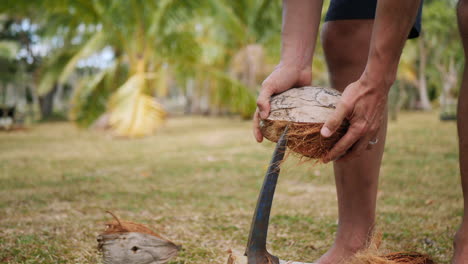 Close-up-of-man-removing-hard-outer-shell-of-fresh-coconut-on-iron-spike