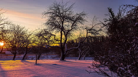 Colorful-winter-sunrise-with-the-golden-dawn-casting-shadows-across-the-snow---time-lapse