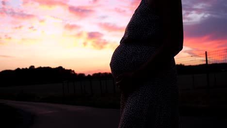 Silhouette-Der-Schwangeren-Frau-Mit-Bauch-Vor-Dem-Farbenprächtigen-Sonnenuntergangshimmel-Am-Abend,-Nahaufnahme