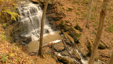 A-forest-creek-plunges-down-in-the-fall-like-a-huge-waterfall-over-the-rocks-between-the-falling-leaves-of-the-trees