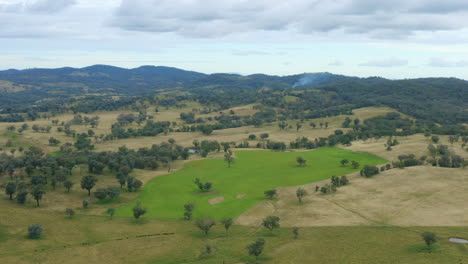 Dron-Aéreo-De-4k-Sobre-El-Campo-Australiano-De-Colinas-Verdes-Y-Granjas-De-Campo-De-Avena