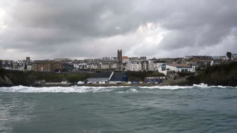 Giant-Waves-Caused-By-Storm-Alex-Engulfing-The-Harbour-Of-Newquay-In-Cornwall,-UK
