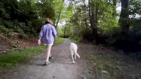 Woman-walks-dog,-white-labrador-down-trail