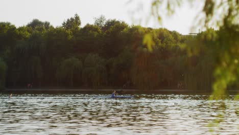 A-slow-motion-follow-shot-of-a-kayaker-paddling-on-a-lake-at-sunset-with-trees-in-the-background