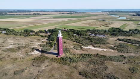 Drone-rotates-around-red-lighthouse-in-the-netherlands-on-a-beautiful-bright-sandy-beach-with-sunny-weather