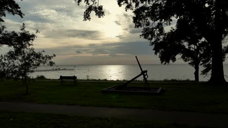 Aerial-approach-towards-Mobile-Bay-from-Magnolia-Beach-in-Fairhope,-Alabama
