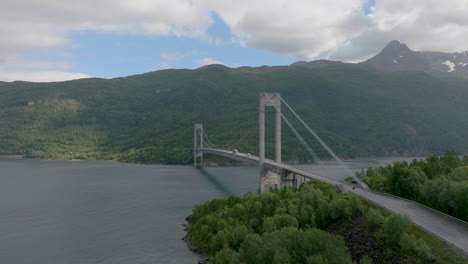 Skjombrua-suspension-bridge-crossing-Skjomen-fjord,-European-Route-E6,-aerial