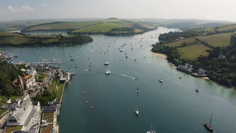 Scenic-View-Of-Kingsbridge-Estuary-Popular-For-Sailing-And-Yachting-In-Salcombe,-Devon,-England---drone-shot