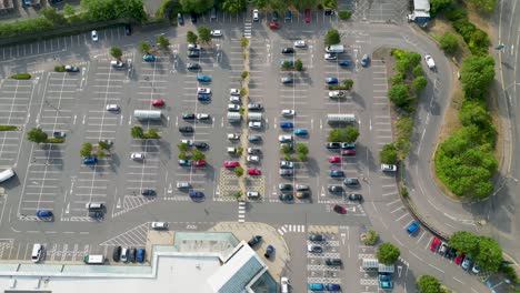 Drone-footage-flying-backwards-above-a-supermarket-car-park