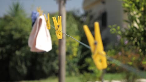 Rack-Focus-Of-Yellow-Plastic-Pegs-On-Outside-Clothesline