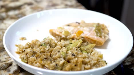 Plate-of-steaming-salmon-miso-and-brown-rice