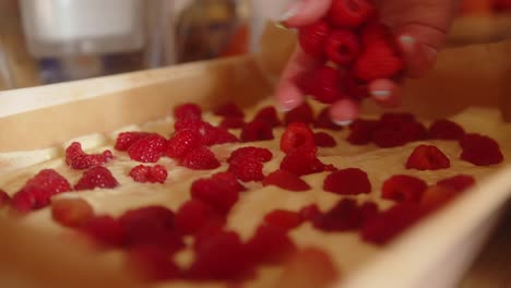 Woman-adding-a-large-quantity-of-raspberries-to-a-sweet-homemade-dessert-in-a-mold-ready-to-cook