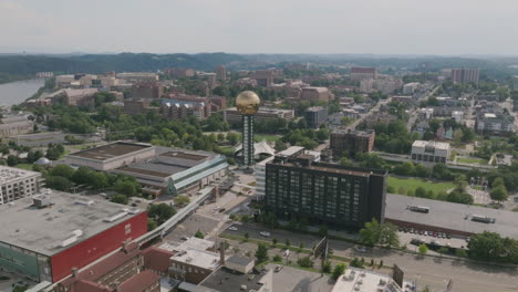 Aerial-zoom-out-of-the-Sunsphere-in-downtown-Knoxville,-TN