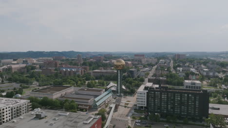 Aerial-footage-rotating-around-the-Sunsphere-in-downtown-Knoxville,-TN
