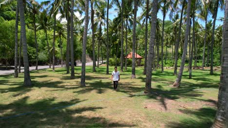 Young-man-in-white-shirt-walking-through-tropical-coconut-tree-field-on-sunny-day-in-Pantai-Prasi-Bali,-aerial