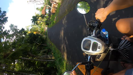 Vertical-video,-riding-motorbike-scooter-on-rural-road-surrounded-by-tropical-plants