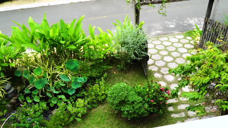 Schwenk-über-Die-Pflanzendekoration,-Die-Tagsüber-Vom-Balkon-Vor-Einem-Haus-Aus-Sichtbar-Ist