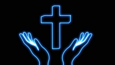 The-cross-of-Jesus-Christ-between-two-hands-in-neon-blue