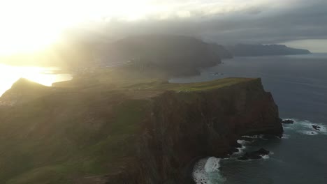 Aerial-shot-of-beautiful-and-epic-landscape-of-Madeira-during-last-rays-of-sunset