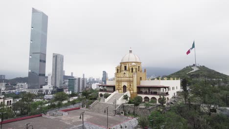 Drone-shoot-at-morning-cloudy-day-at-hasta-bandera-over-obispado-hill-at-Monterrey-City,-Mexico-1