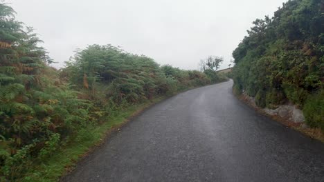 POV-Car-Dashcam-Footage-on-Countryside-Road-in-Overcast-Misty-Rain-Conditions-Devon-UK-4K
