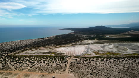 Drone-shot-showing-the-pink-salt-collection-near-the-sea-in-baja-california-sur-mexico